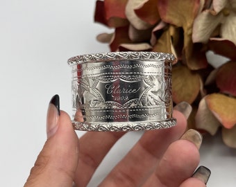 Anillo de servilleta de plata de ley con sello eduardiano antiguo - Diseño foliado con llantas ornamentadas ensayadas Birmingham Inglaterra 1907 - 23 gramos