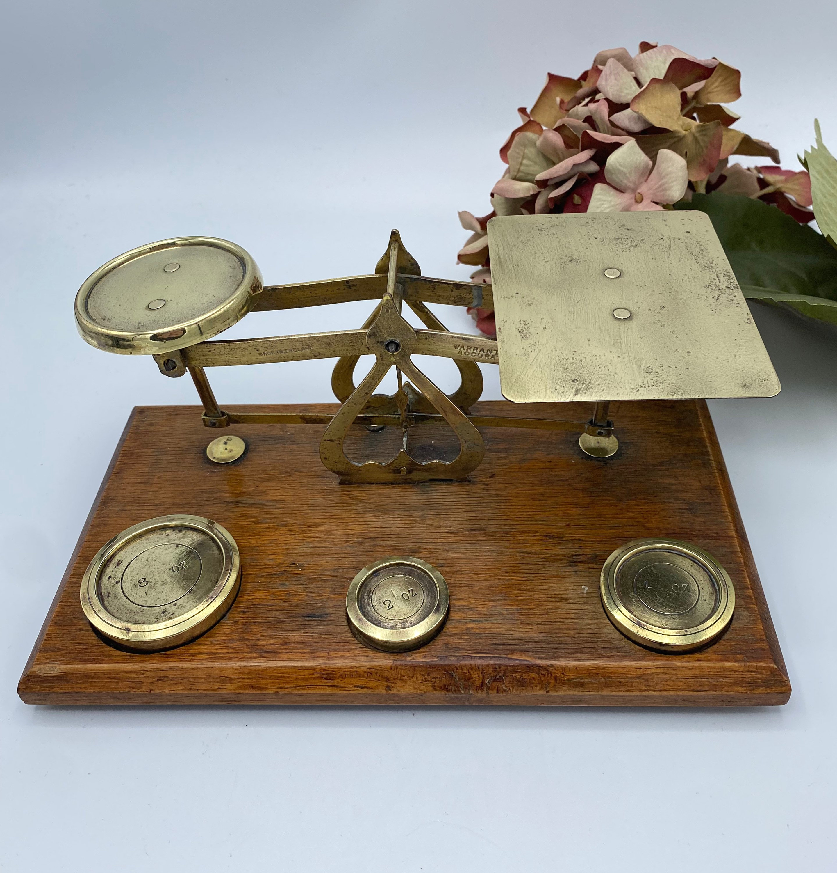 Antique Brass Postal Scale for Letters, 1/2 oz., 1oz., 2oz. brass weights