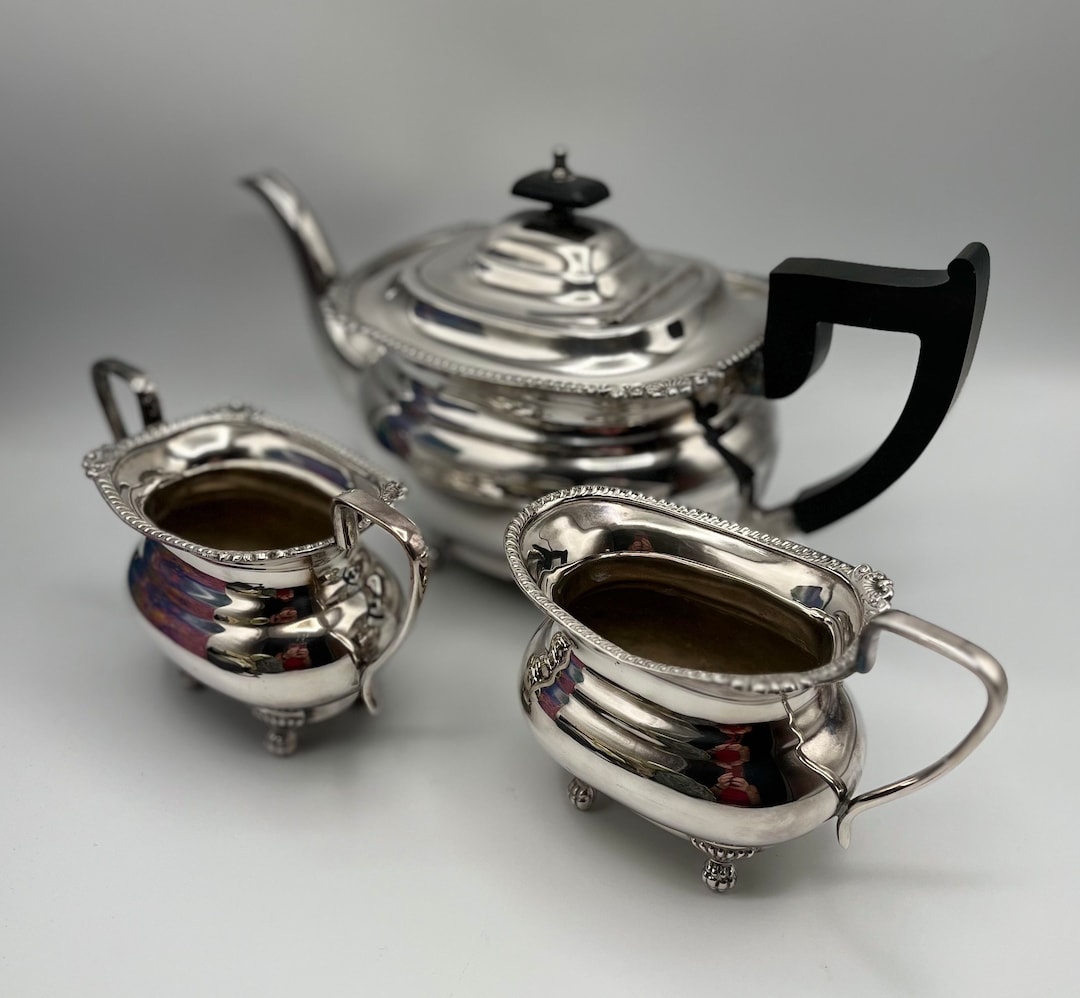 Antique Silver Plated Tea Set: Sheffield England, Scroll Handles