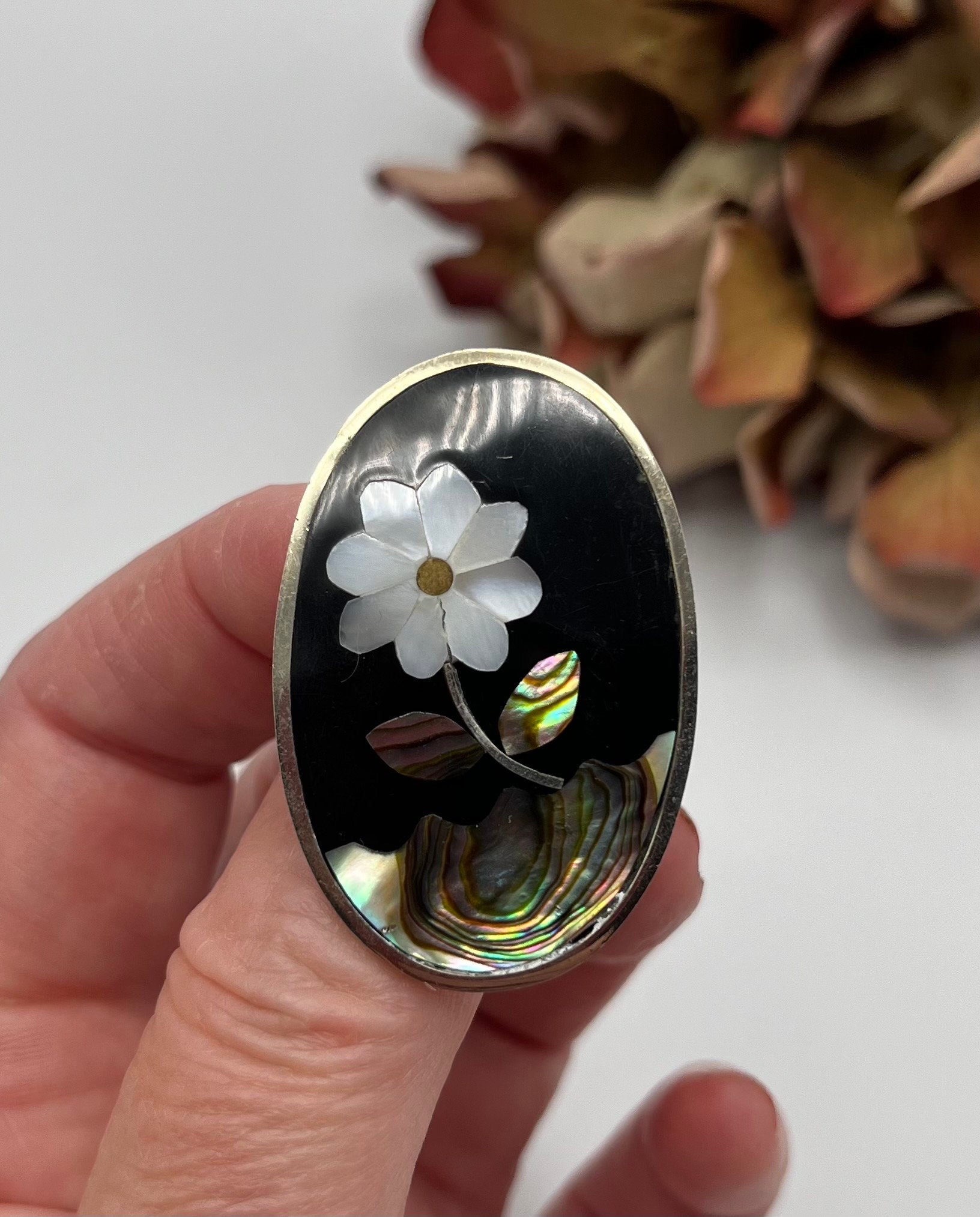 Broche Vintage Poisson En Nacre Et Argent Mexicain – Style Mosaïque – Alpaga XXème Siècle