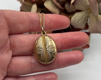 Antique RARE Oval Locket - Heavy - Double Sided Ornate Engraved Design matched with Gold Plated Sterling Silver Chain