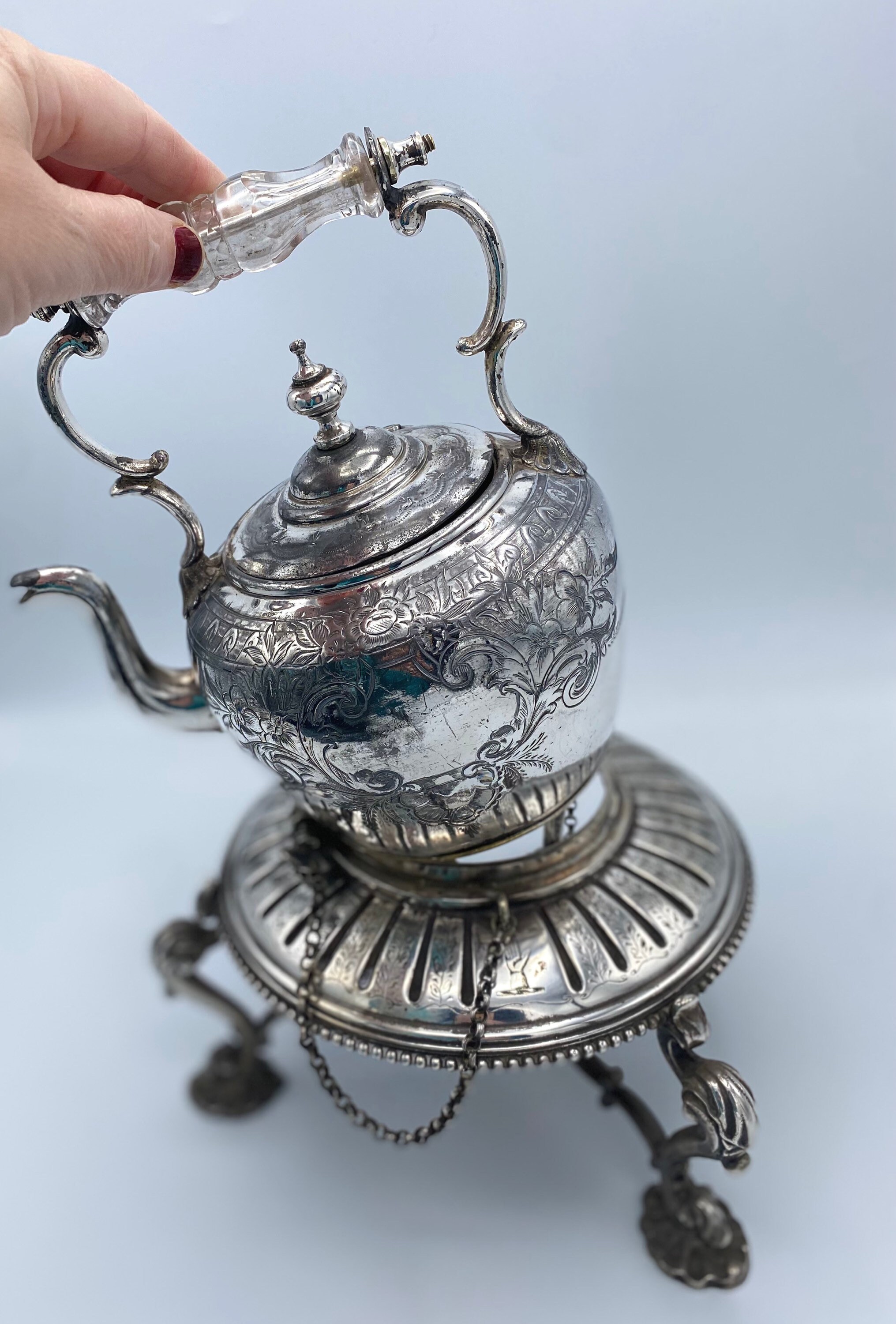 Rare Antique Silver Plated Spirit Kettle/ Teapot With Stand and Burner/ Warmer Legged Stand