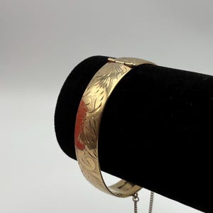 Vintage Excalibur Rolled Gold Bangle – Hinged Opening – Made in England for HARRODS – Etched Floral Front – Elegant Vintage Gift *Ref 57