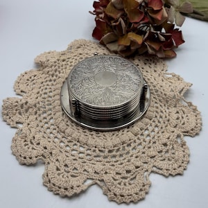 Vintage Stamped Silver Plated Coasters with Ornate Engraving & Original Holder — Set of 6