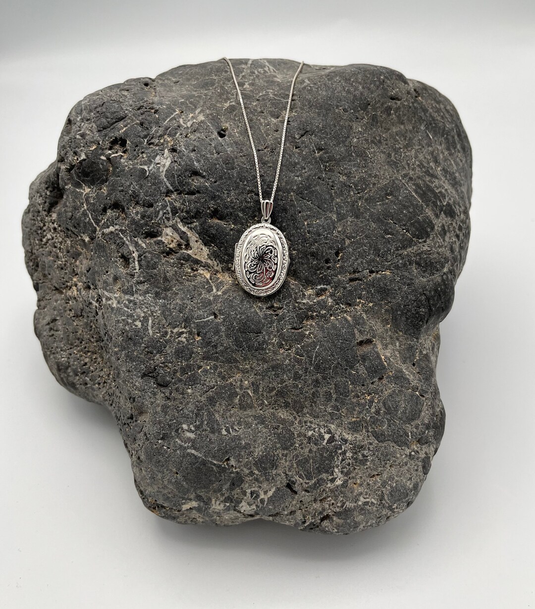 Vintage LARGE Silver Locket and Chain Silver Stamped Oval Silver Etched