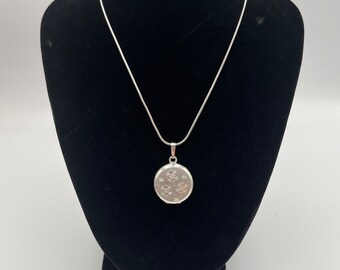 Vintage Silver Round Locket and Chain - Sterling Silver Stamped  - Round - Three Flower Foliate Engraved Design with Chain - Vintage