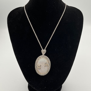 Vintage Art Deco Marcasite Filigree &#39;Mother of Pearl&#39; Sterling Silver Pendant