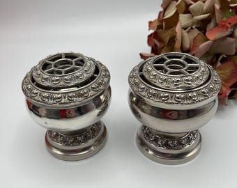 Vintage PAIR Silver Plated Pansy Rose  Flower Vase with Divider Mesh - Floral Flower Arranger - Floral Composition - Vase - Wedding *Ref 33