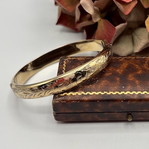Vintage Gold Overlay Sterling Silver Bangle | Hallmarked London | Ornate Etched Floral Design | Safety Chain *Ref 42