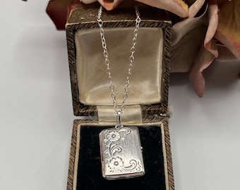 Vintage Rectangular Locket ( Optional Chain )  - Mid Century Etched Floral Design and Affirmation Keepsake - Ref 48