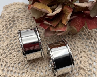 Vintage ‘Pair’ Silver Plated Napkin Rings Round Form with Double Raised Textured Rims - Gift - Wedding Present