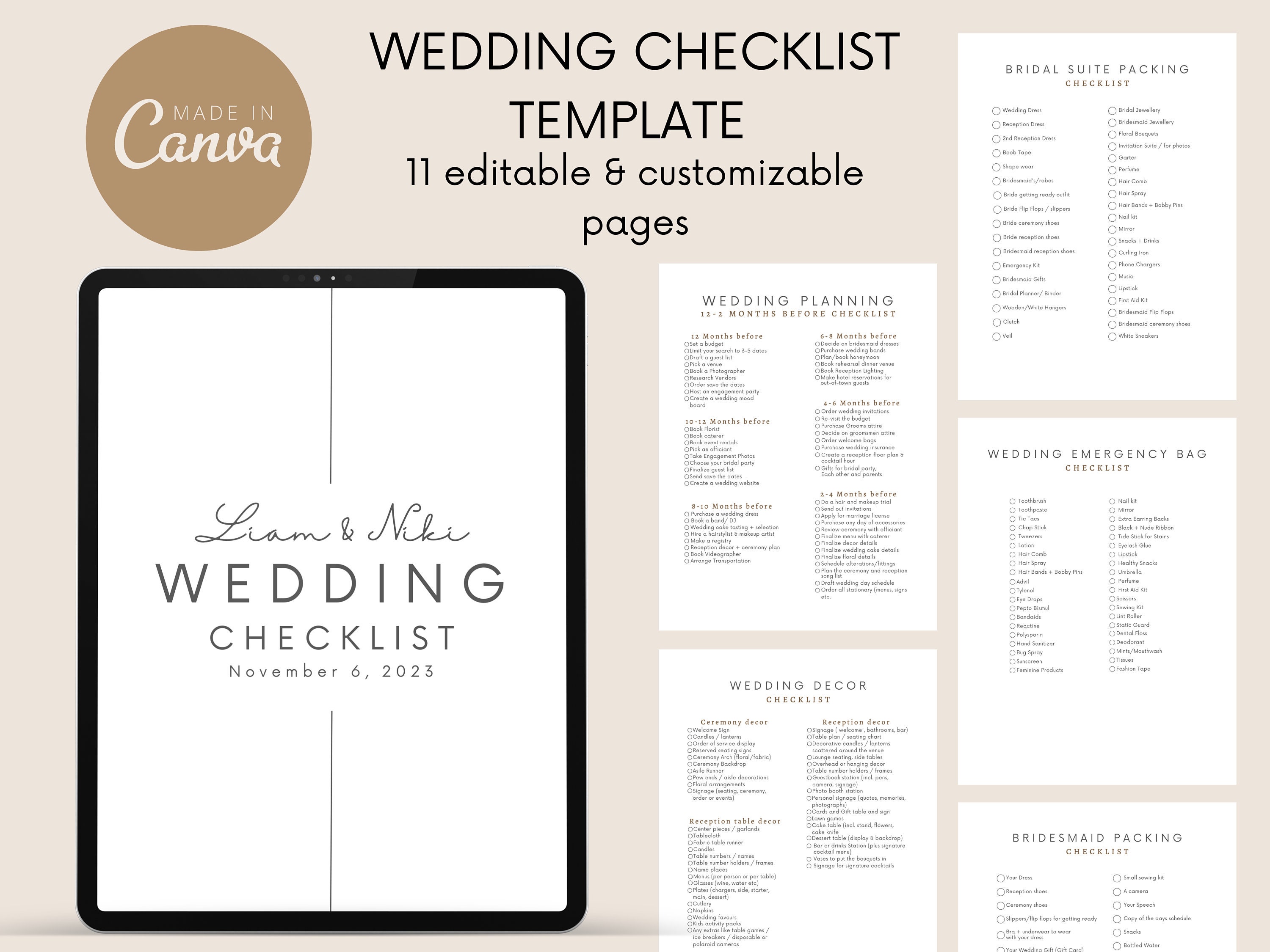 WEDDING CHECKLIST Canva Template, Wedding Planner, Photography Shot ...