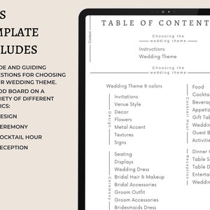 May include: A table of contents for a wedding planning guide. The guide includes sections for choosing a wedding theme, design, ceremony, cocktail hour, and reception. Each section lists specific topics to consider, such as invitations, venue style, decor, flowers, and food.