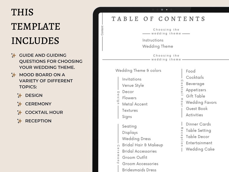 May include: A table of contents for a wedding planning guide. The guide includes sections for choosing a wedding theme, design, ceremony, cocktail hour, and reception. Each section lists specific topics to consider, such as invitations, venue style, decor, flowers, and food.