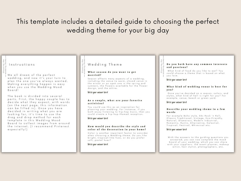 May include: A printable wedding planning guide with three sections: Instructions, Wedding Theme, and Do you both have any common interests and passions? The guide includes questions to help couples plan their wedding theme.