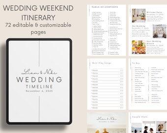 72 Pages WEDDING WEEKEND ITINERARY Template | Editable Canva Template Includes wedding timeline, wedding itinerary, wedding checklist, etc.