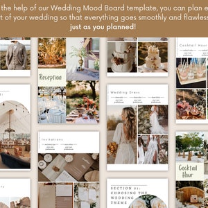 May include: A wedding mood board template with images of a wedding ceremony, reception, cocktail hour, wedding dress, invitations, and wedding favors. The template is divided into sections with headings for each category. The images are all in a rustic, bohemian style.