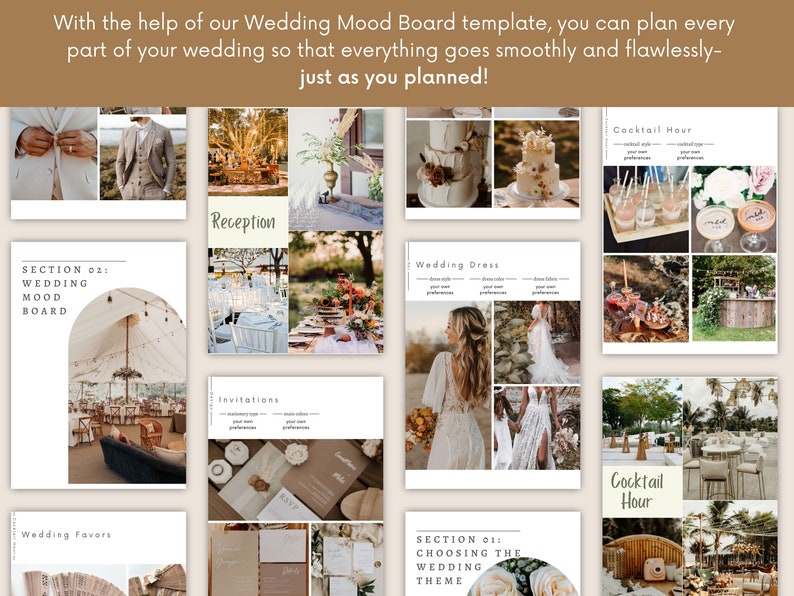May include: A wedding mood board template with images of a wedding ceremony, reception, cocktail hour, wedding dress, invitations, and wedding favors. The template is divided into sections with headings for each category. The images are all in a rustic, bohemian style.