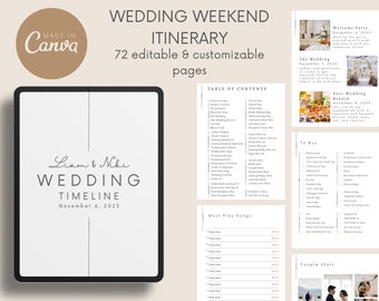 72 Pages WEDDING WEEKEND ITINERARY Template | Wedding Planner Digital Download Canva, Wedding Guide, Wedding Itinerary, Editable Timeline