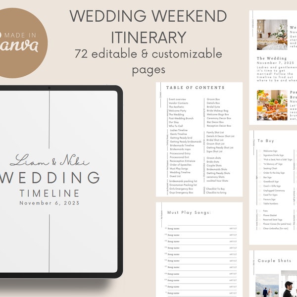 72 Pages WEDDING WEEKEND ITINERARY Template | Wedding Planner Digital Download Canva, Wedding Guide, Wedding Itinerary, Editable Timeline