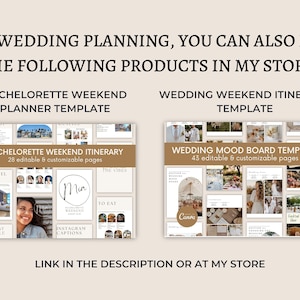 May include: Two digital planner templates for wedding and bachelorette weekend planning. The bachelorette template has 28 pages and features a light brown background with images of a hotel room, a woman, and a to-eat list. The wedding template has 43 pages and features a light brown background with images of a wedding ceremony, a wedding reception, and a cocktail hour.