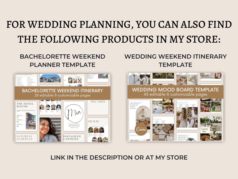May include: Two digital planner templates for wedding and bachelorette weekend planning. The bachelorette template has 28 pages and features a light brown background with images of a hotel room, a woman, and a to-eat list. The wedding template has 43 pages and features a light brown background with images of a wedding ceremony, a wedding reception, and a cocktail hour.