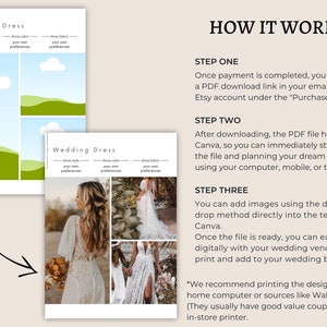 May include: A guide on how to use a Canva template to create a wedding dress mood board. The guide includes instructions on how to add images, edit the template, and share the finished product. The image also shows examples of wedding dress styles.