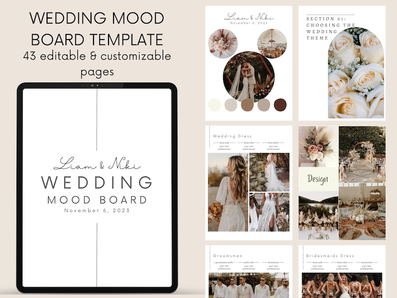 May include: A digital template for a wedding mood board with the text "Liam & Niki Wedding Mood Board November 6, 2023". The template includes sections for choosing a wedding theme, wedding dress, groomsmen, and bridesmaids dresses.