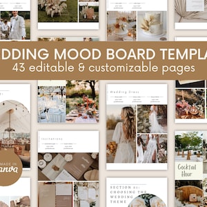 Guía de diseño de bodas de 43 páginas Plantilla Canva de Moodboard, Planificador de descarga digital editable, Libro de trabajo imprimible, Carpeta de novias para bodas