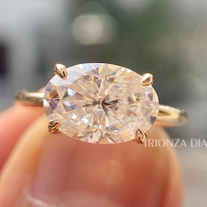 Oval Cut 2.0 CT D/VVS1 IGI Certified Lab Grown Diamond Solitaire Engagement Ring, Oval Cut East-West Prong Set 14k Yellow Gold Ring For Her