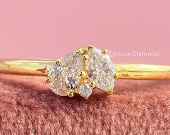Toi Et Moi Ring, Yellow Gold Lab Grown Diamond Marquise Ring And Pear Two Stone Ring, Minimalist Prong Set With Round Accent