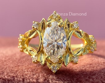 0.90 CT Diamond Engagement Ring, Lab Grown Marquise Diamond, Yellow Gold Vintage Leaf Cluster Floral Ring, Prong Set, Art Deco Diamond Ring