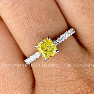 1CT Vivid Yellow Cushion Cut IGI Certified Lab Grown Diamond Ring, 14K White Gold, E/VVS1 Side Diamonds, Straight Shank Engagement Ring