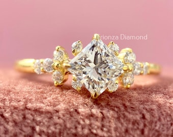 0.62 CT Lab Grown Diamond Engagement Ring, Princess Cut Ring, Yellow Gold, Floral Cluster Ring, Wedding Ring, Anniversary Ring For Her