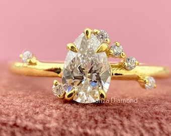 0.50 CT Pear Lab Grown Diamond Engagement Ring Pear Wedding Ring Yellow Gold Asymmetrical Vine Cluster Accent Diamonds Dainty, Gifts For Her
