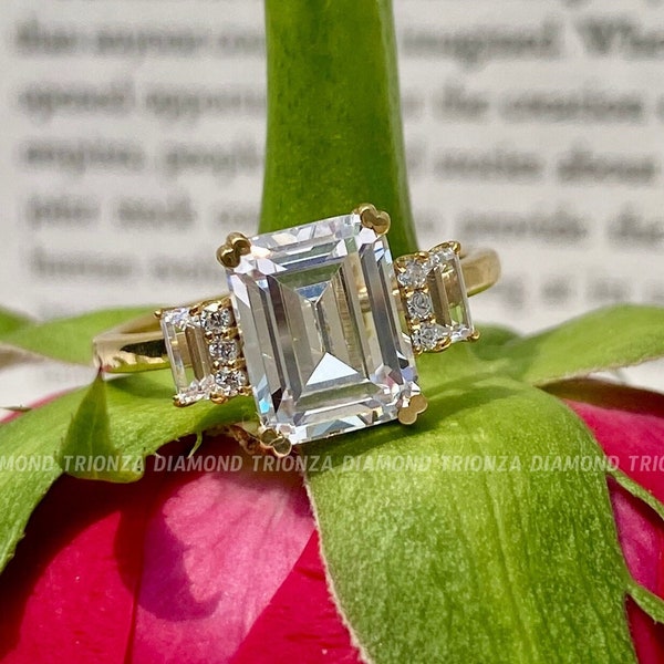 2 Carat Emerald Cut Lab Grown Diamond Ring / Three Stone Engagement Ring / 3 Stone Emerald and Baguette Ring / VVS2 F Emerald Diamond