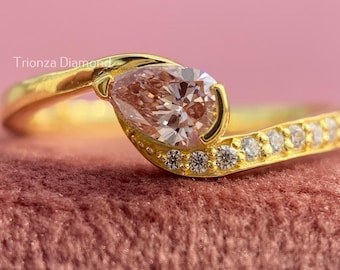 Lab Grown Diamond Solitaire Ring, Pear Cut Semi Bezel Bypass Swirl Pavé Accent, Yellow Gold Crossover Statement Ring, Pink Diamond Ring