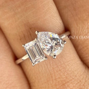 2.60 CT Pear & Emerald Cut Toi Et Moi Ring, E/VS1 Lab Grown Diamond Ring, Two Stone Engagement Ring, 10K Gold Eco Friendly Proposal Ring