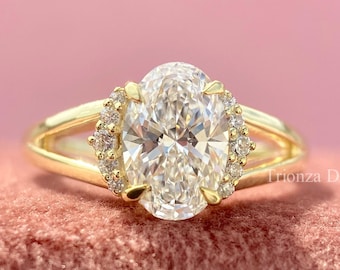 Oval Cut Lab Grown Diamond Split Shank Engagement Ring, Oval Halo Diamond Ring, Oval Solitaire Ring, 14k Solid Gold Ring Best Gift For Her