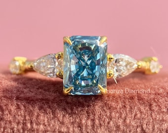1.08 TCW Radiant Engagement Ring, 14K Yellow Gold Three Stone Ring, Blue Radiant Cut Center Stone, Lab Grown Diamond Pear & Round Accents