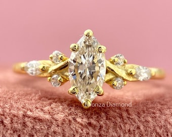 0.50 TCW Marquise Cut Lab Grown Diamond Engagement Ring, Yellow Gold Floral Leaf Cluster Split Shank, Marquise Wedding Anniversary Ring Gift
