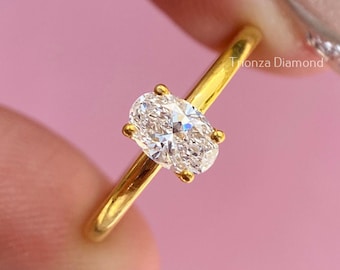 0.44 CT Oval Cut Lab Grown Diamond Engagement Ring, Yellow Gold Solitaire Ring, Minimalist Modern 4 Prong-Set Ring, Wedding Anniversary Ring