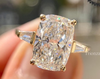 3 CT Elongated Cushion Cut Lab Diamond Ring, E/VVS2 Clarity, IGI Certified Three-Stone Engagement Ring,Tapered Baguette 14K Gold Bridal Ring