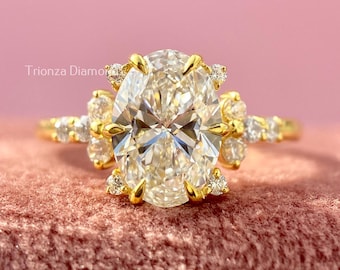 1.60 CT IGI Certified Lab Grown Diamond Engagement Ring, Oval Brilliant Cut Yellow Gold, Floral Cluster Diamond Ring, Anniversary Ring Gifts