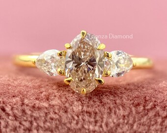 0.50 CT Oval Lab Grown Diamond Engagement Ring, Oval Three Stone With Pear Diamonds, Yellow Gold Trilogy Ring, Claw Prong Setting, Pink Ring