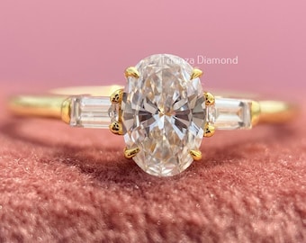 0.50 TCW Oval Diamond Engagement Ring, Lab Grown Oval Brilliant Three Stone, Yellow Gold Tapered Baguette Side Stones, Minimalist Ring