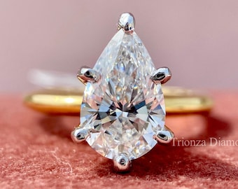 3 CT Pear Cut Lab Grown Diamond Solitaire Ring – IGI Certified, 6 Prong,Two Tone, 14K Solid Gold or Silver