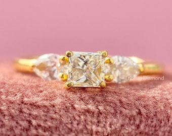 0.70 TCW Lab Grown Diamond Engagement Ring,14K Yellow Gold Three Stone Princess Cut With Pear Side Stones, Princess Cut Diamond Ring For Her