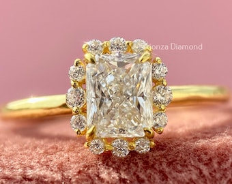 0.57 CT Lab Grown Diamond Engagement Ring, Yellow Gold Rectangular Radiant Halo Ring, Round Brilliant Halo, 4-Prong Slim Band, Radiant Ring