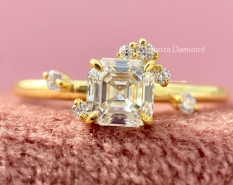 0.50 CT Asscher Lab Grown Diamond Engagement Ring, Asscher Cut Step-Cut Diamond, 18K Yellow Gold, Semi Halo Cluster, Station Band Ring
